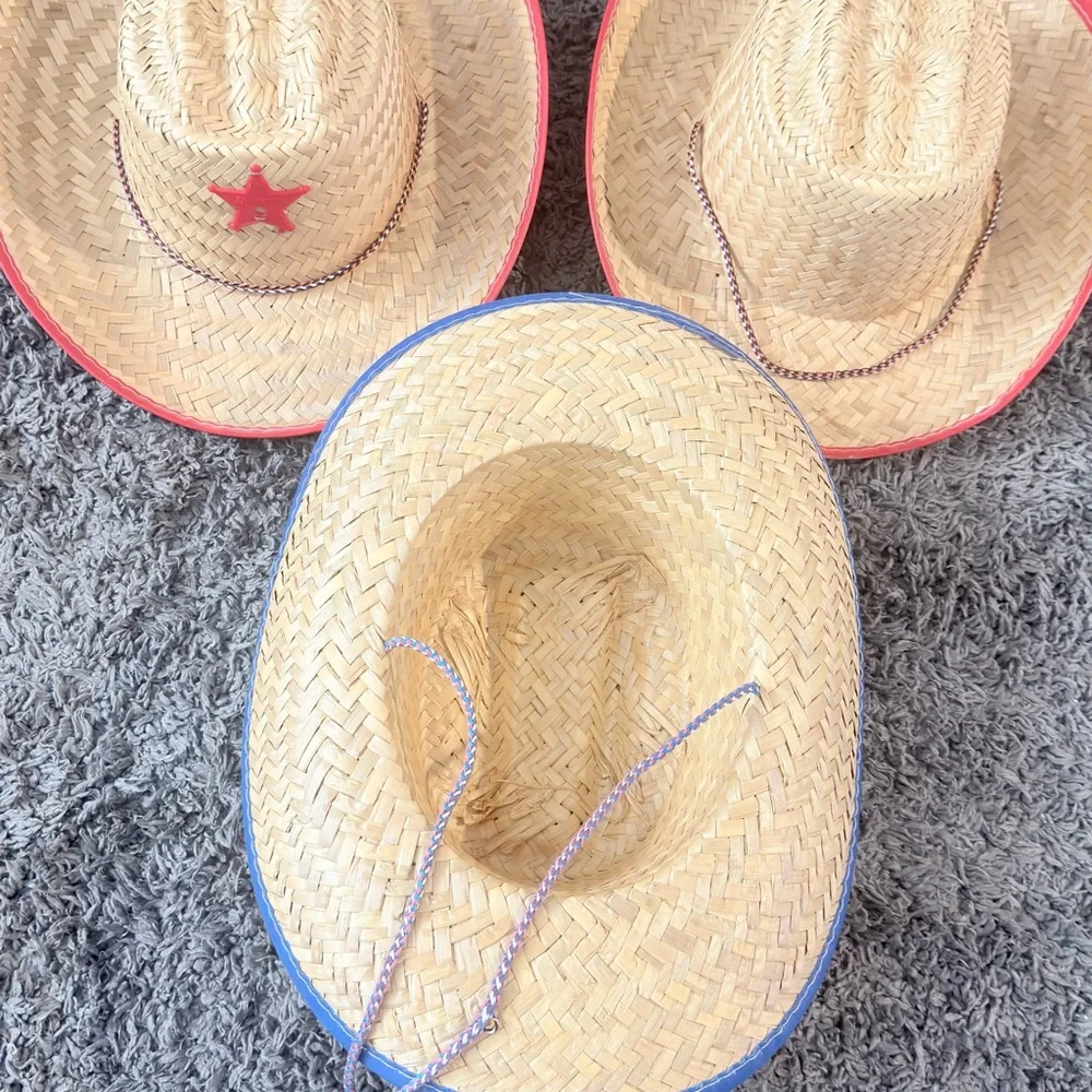 Set of 3 Straw Cowboy Hats for Kids - Sheriff Costume Red and Blue - Picture 6 of 10